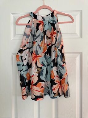 Floral Halter Blouse  in Black with Coral & Teal Flowers